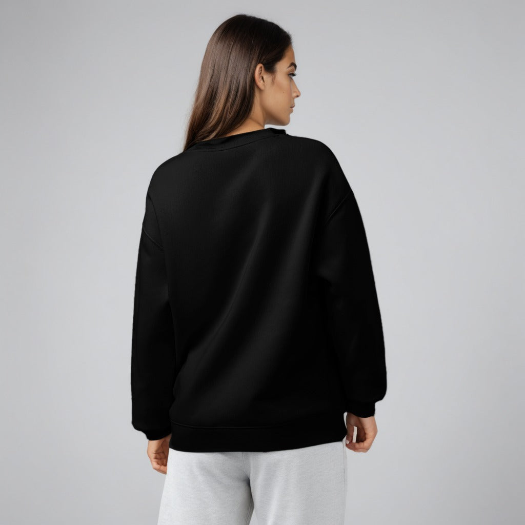 Women's premium crewneck sweatshirt in black with embroidered detailing, back view