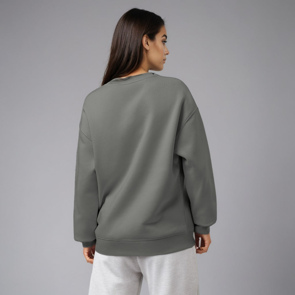 Women's premium crewneck sweatshirt in grey with embroidered detailing, back view
