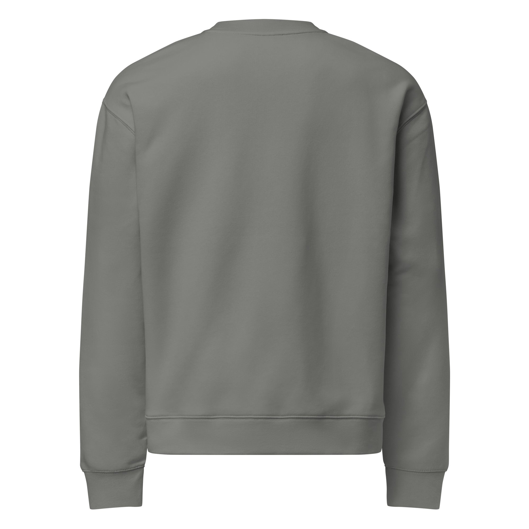 Women's premium crewneck sweatshirt in grey with embroidered detailing, back view