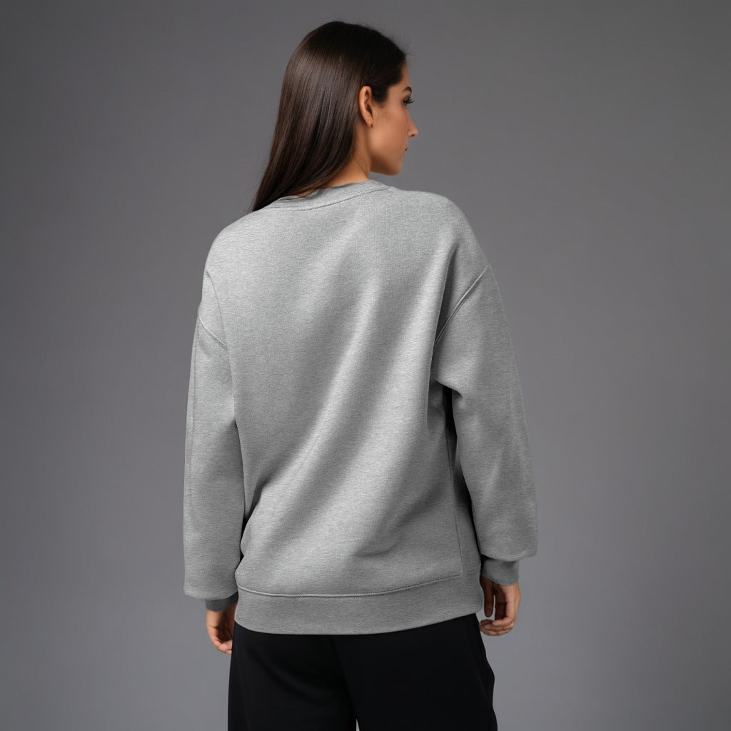 Women's premium crewneck sweatshirt in light grey with embroidered detailing, back view