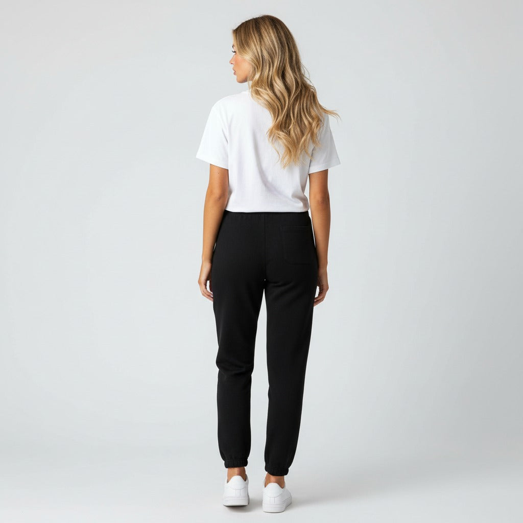 Women's heavyweight fleece sweatpants in black, back view.