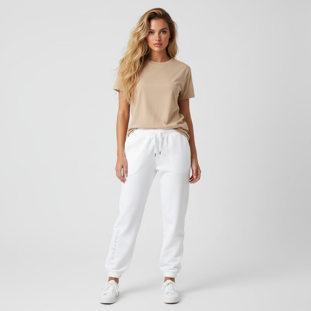 Women's heavyweight fleece sweatpants in white, front view.