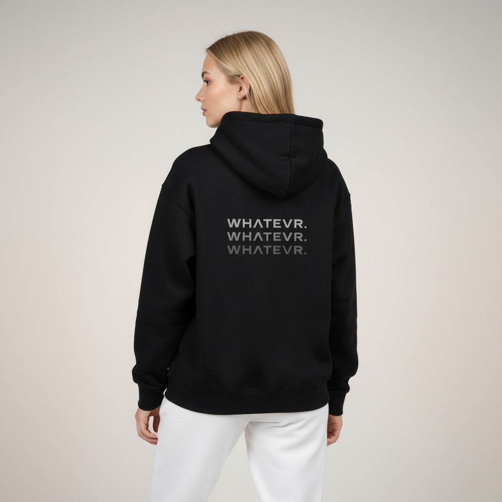 Women's premium heavyweight hoodie in black with "WHATEVR" text, back view.