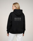 Women's premium heavyweight hoodie in black with "WHATEVR" text, back view.