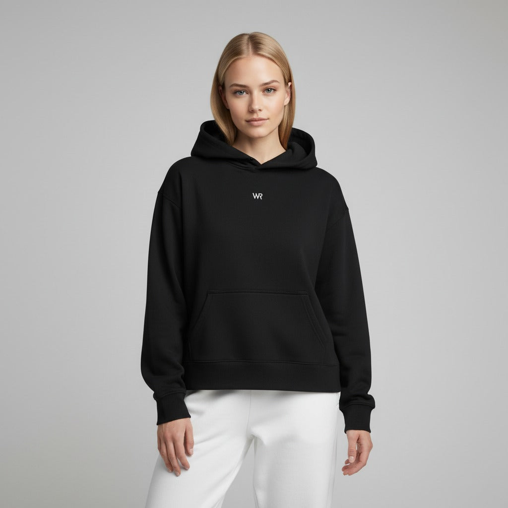 Women's premium heavyweight hoodie in black with "WR" text, front view.