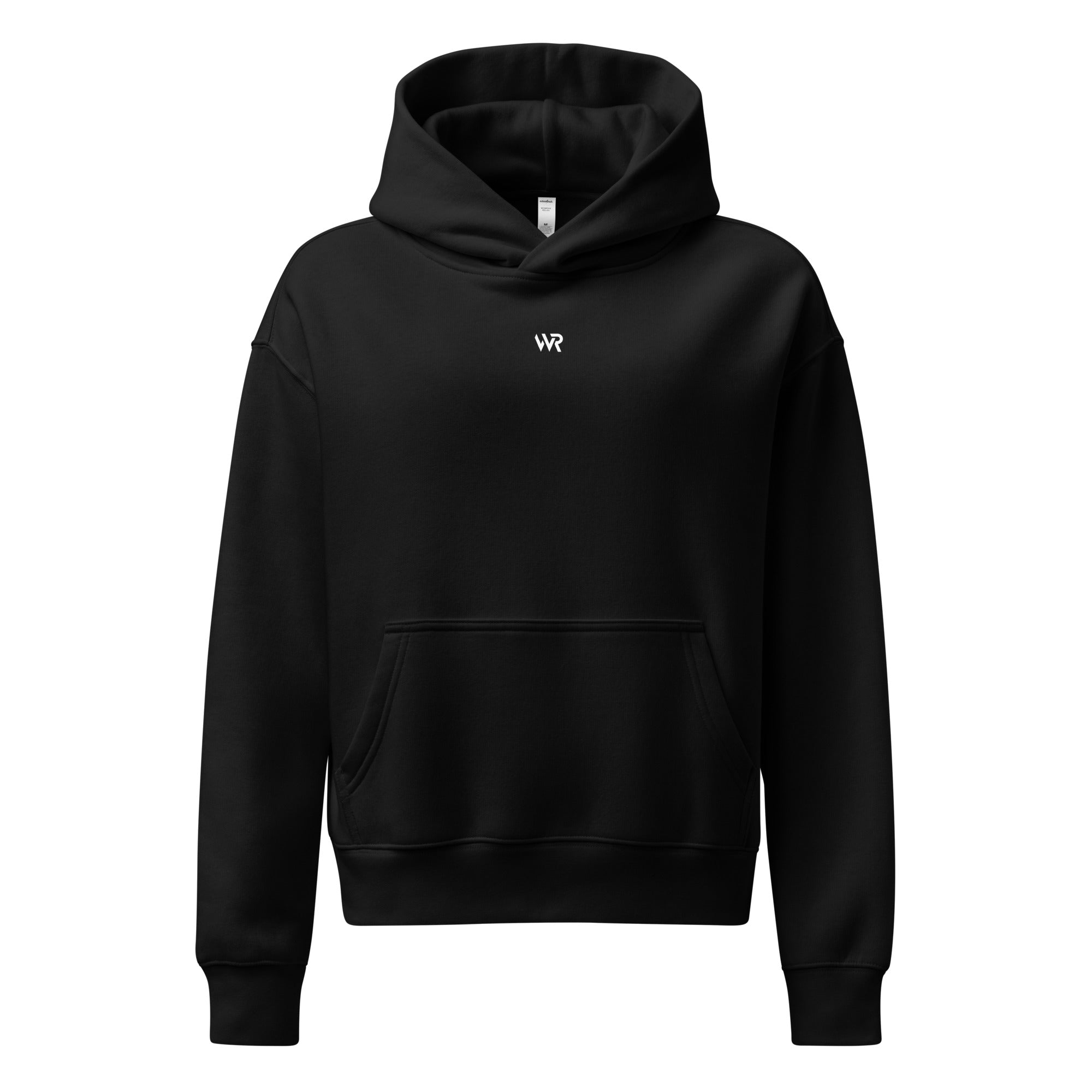 Women's premium heavyweight hoodie in black with "WR" text, front view.